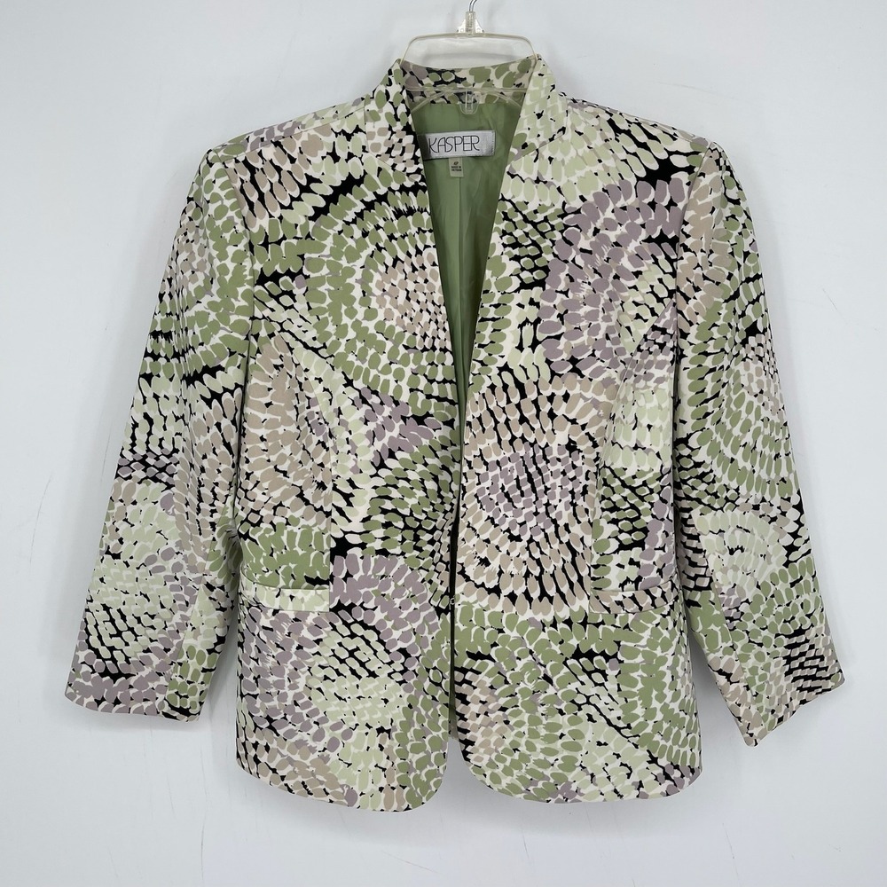 Kasper Women's Green Abstract Print Open Front Blazer Size 4P